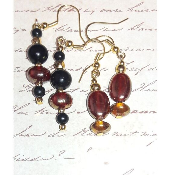 Boho Earrings  153# Onyx Umber 2PairSet Goldplate 925 Silver Hooks Stamp Bohemia - Picture 1 of 5